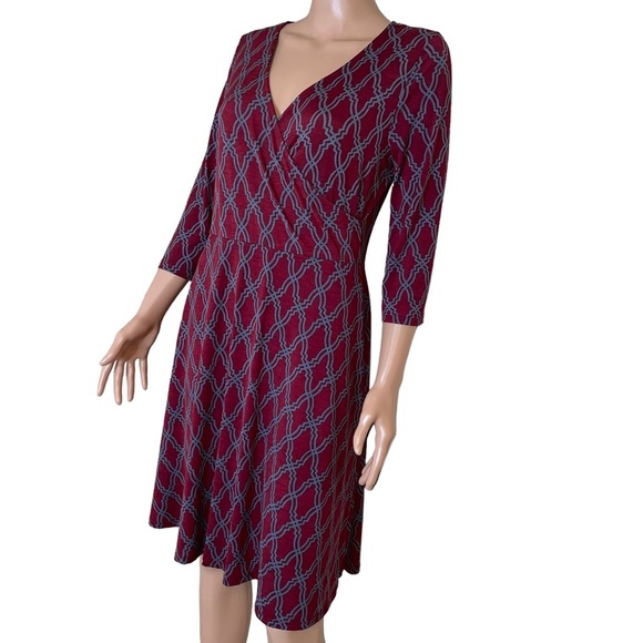 Stitch Fix 41 Hawthorne Geometric Wrap Dress Burgundy Gray fit flare 3/4 sleeve - Picture 4 of 12